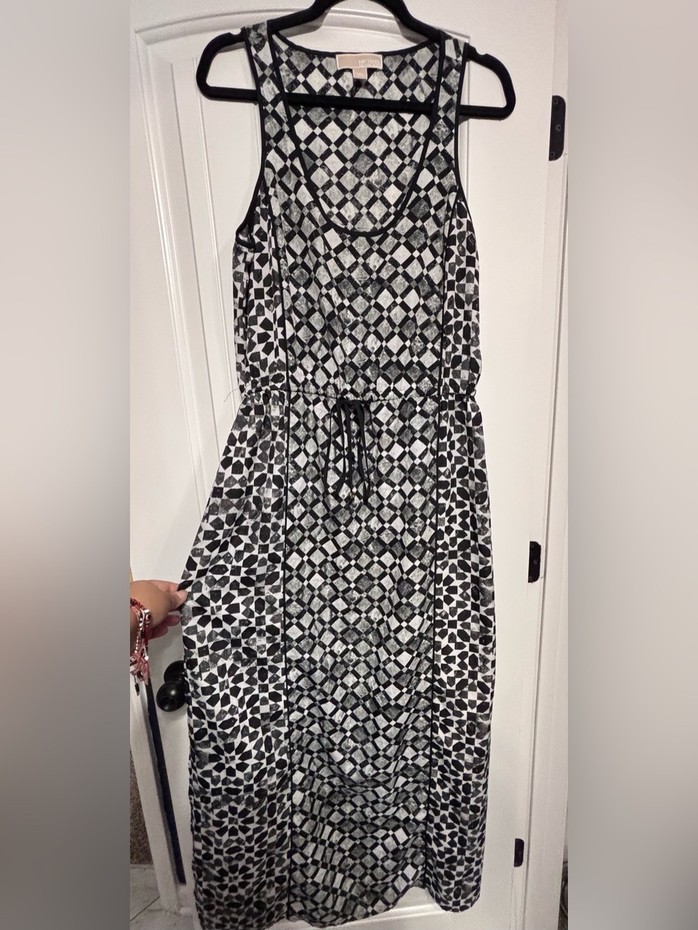 Michael Kors Black and White Geometric Maxi Dress, Side Slits,Drawstring,L